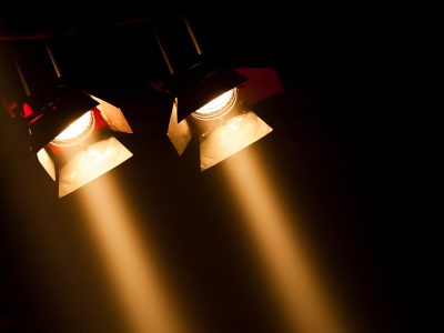 two theatre spotlights on a black background